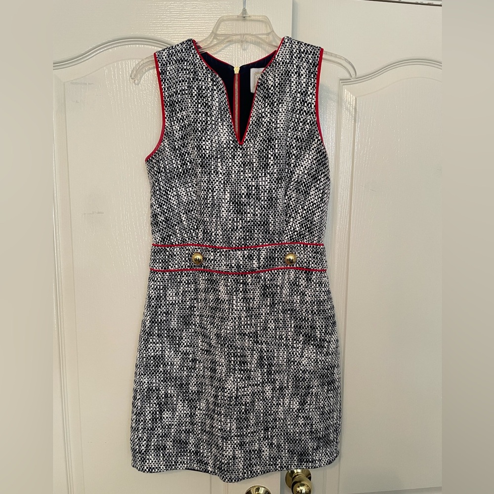 Sail to Sable Black & White Tweed Sheath Dress with Pink Trim